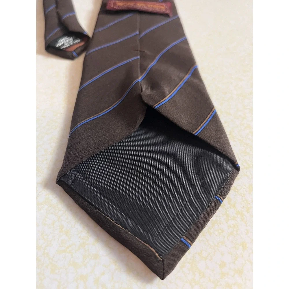 Vintage Roy Moses Menswear 100% Silk Tie Striped Blue Brown Made in USA 70s